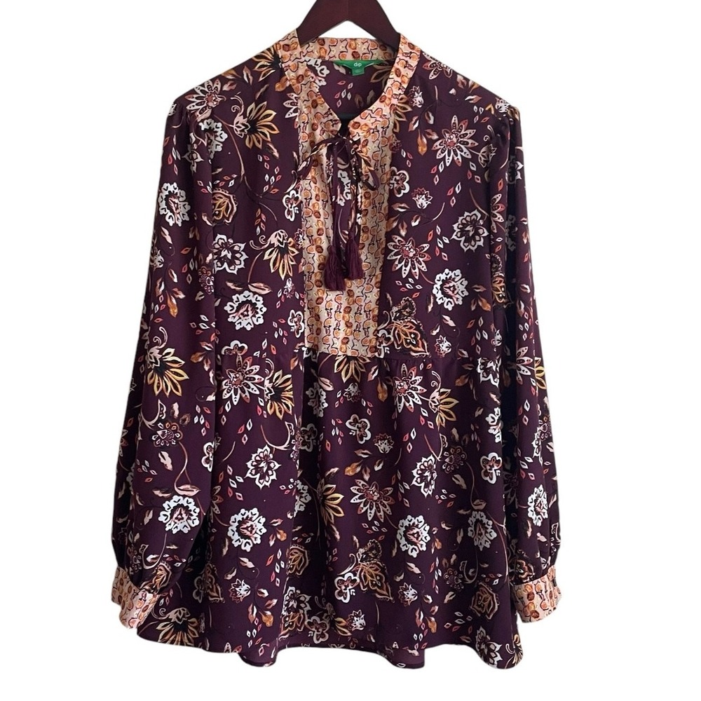 Dlp‎ Womens Boho Floral Babydoll Tunic XL Plum Peasant Whimsical Earthy Cottage